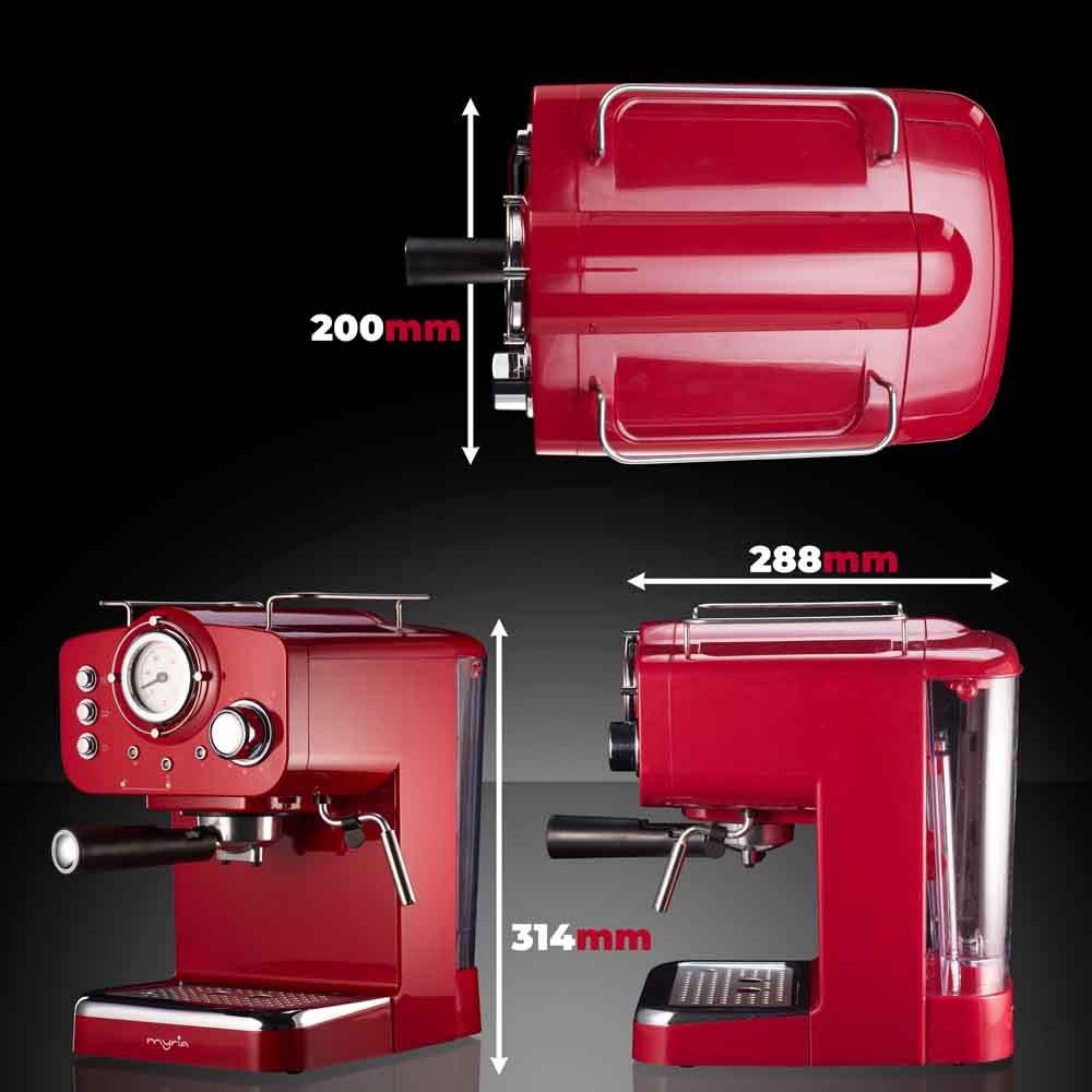 Espressor manual MYRIA MY4052, 1.25l, 1100W, 15 bar, rosu-argintiu