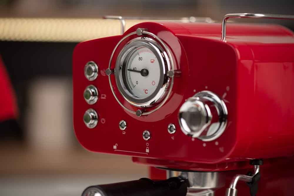 Espressor manual MYRIA MY4052, 1.25l, 1100W, 15 bar, rosu-argintiu