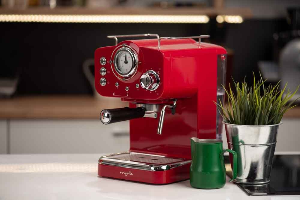 Espressor manual MYRIA MY4052, 1.25l, 1100W, 15 bar, rosu-argintiu