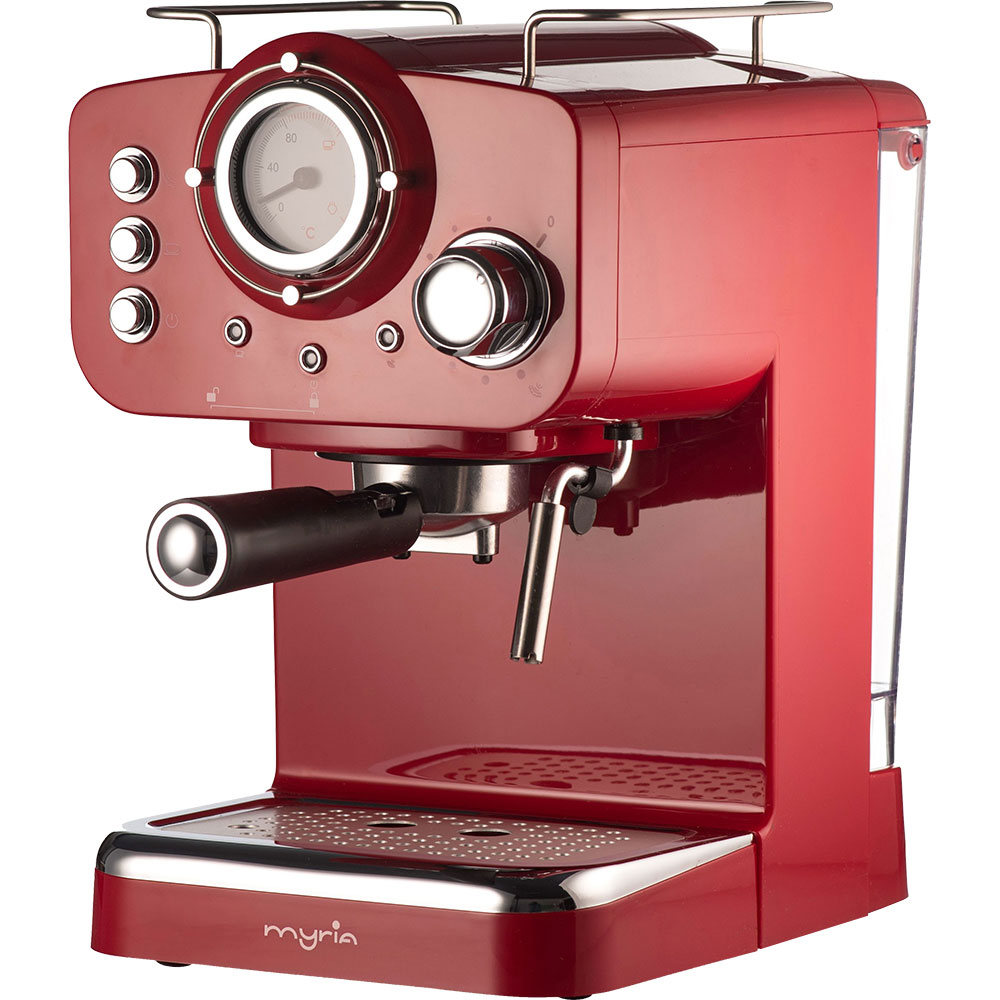 Espressor manual MYRIA MY4052, 1.25l, 1100W, 15 bar, rosu-argintiu
