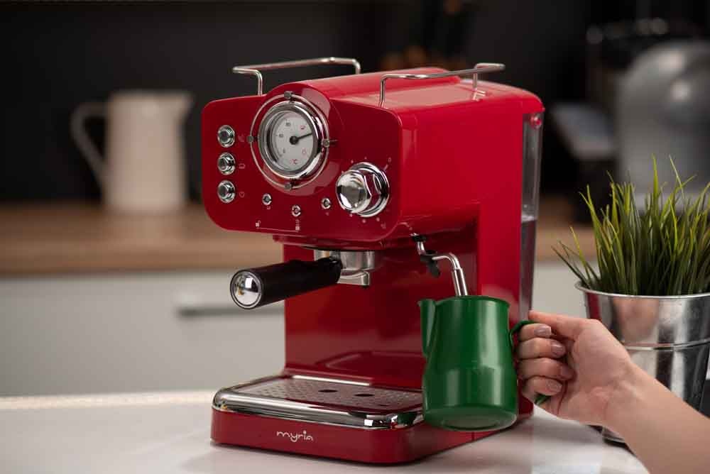 Espressor manual MYRIA MY4052, 1.25l, 1100W, 15 bar, rosu-argintiu