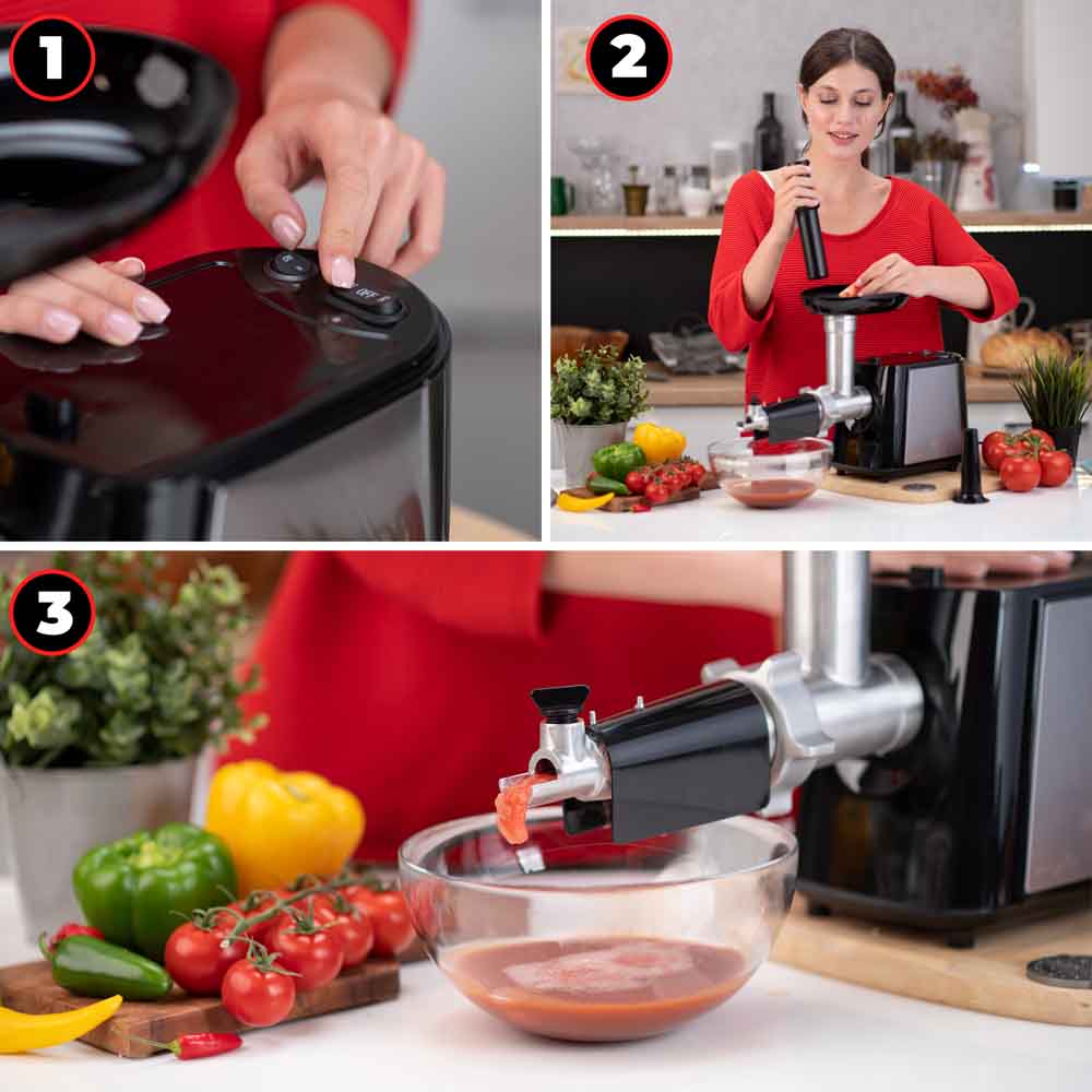 Masina de tocat carne MYRIA MY4181, 1.2kg/min, 2000W, accesoriu carnati/suc de rosii, argintiu-negru