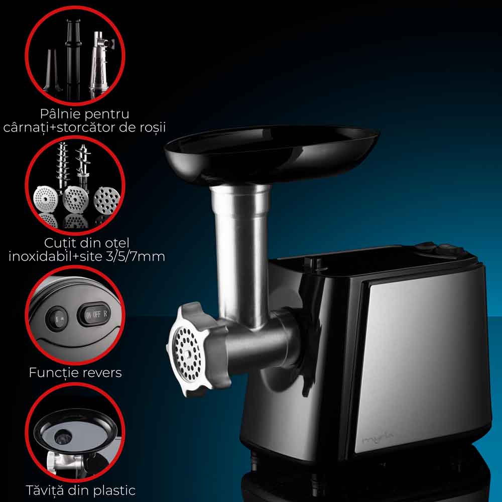 Masina de tocat carne MYRIA MY4181, 1.2kg/min, 2000W, accesoriu carnati/suc de rosii, argintiu-negru