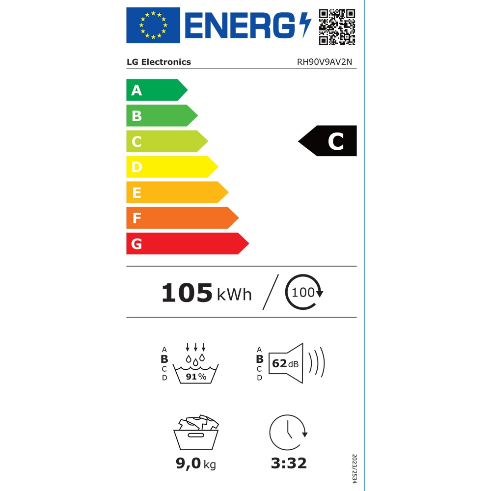 Uscator de rufe LG RH90V9AV2N, SmartThinQ, Condensare si pompa de caldura, 9 kg, 15 programe, Clasa C, alb