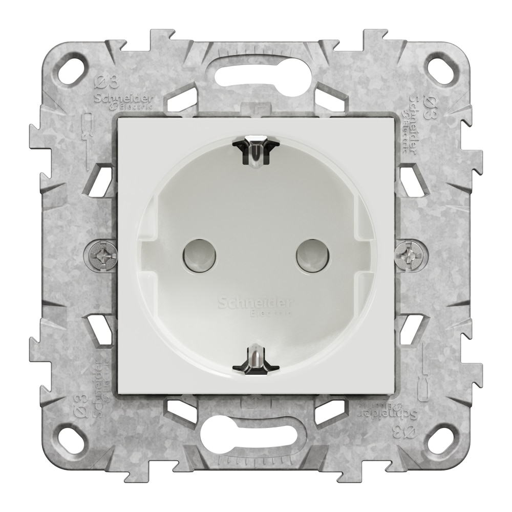 Priza SCHNEIDER Noua Unica NU503718Z, 2P+E 16A, IP20, Obturatoare, Suport fixare si gheare, alb