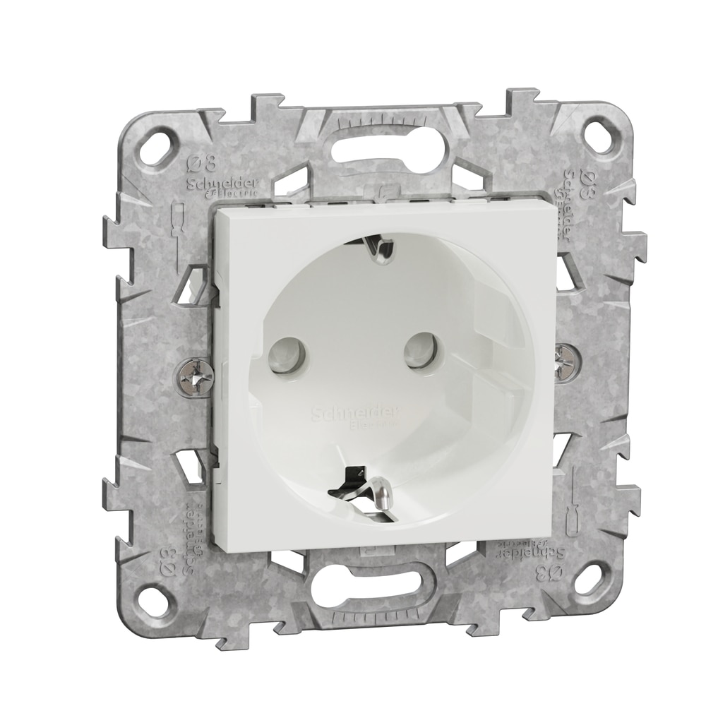 Priza SCHNEIDER Noua Unica NU503718Z, 2P+E 16A, IP20, Obturatoare, Suport fixare si gheare, alb