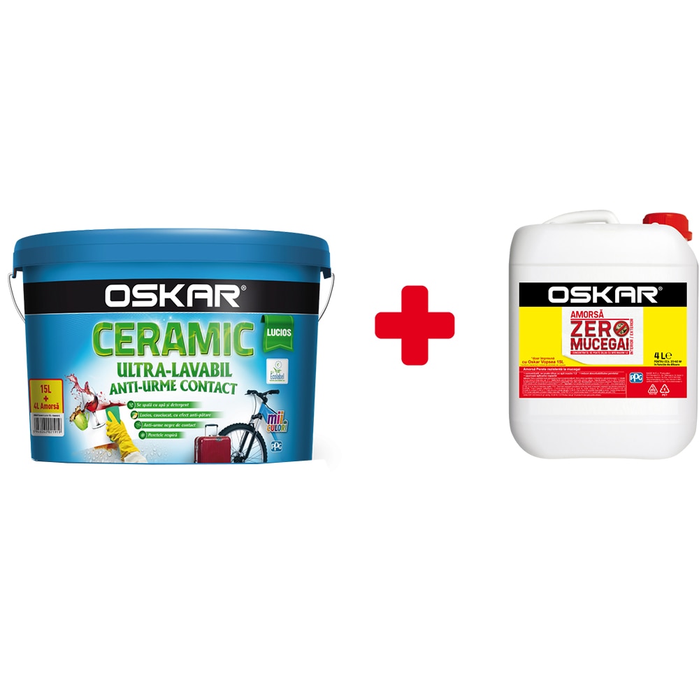 Pachet Vopsea ultra lavabila OSKAR Ceramic, alb lucios, 15l + Amorsa OSKAR, 4l