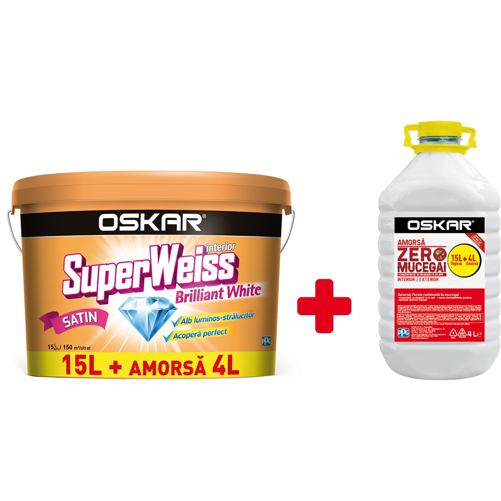 Pachet Vopsea interior super lavabila Oskar SuperWeiss, 15L+ Amorsa Zero Mucegai, Oskar, 4L