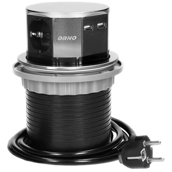 Prelungitor ORNO OR-AE-1381(GS), 3 prize, 2 x USB, 1.5m, montaj incastrabil, negru