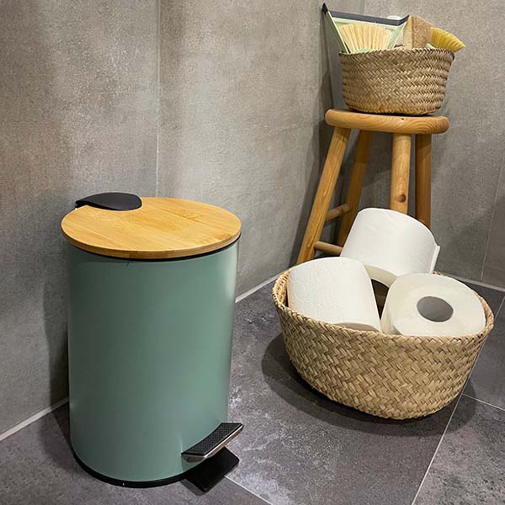 Cos gunoi pentru baie FRANDIS P354363, 3 l, rotund, metal, capac bambus, verde masliniu