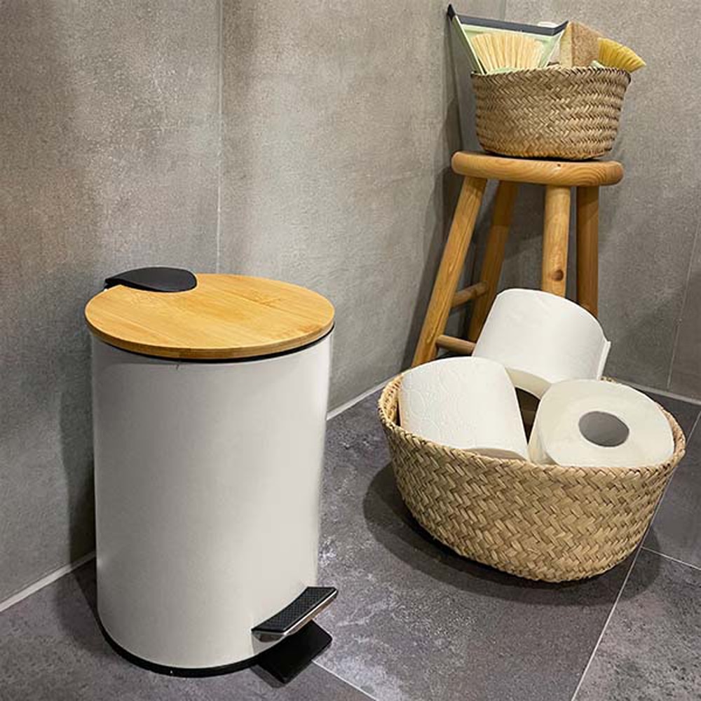 Cos gunoi pentru baie FRANDIS P354366, 3 l, rotund, metal, capac bambus, bej nisip
