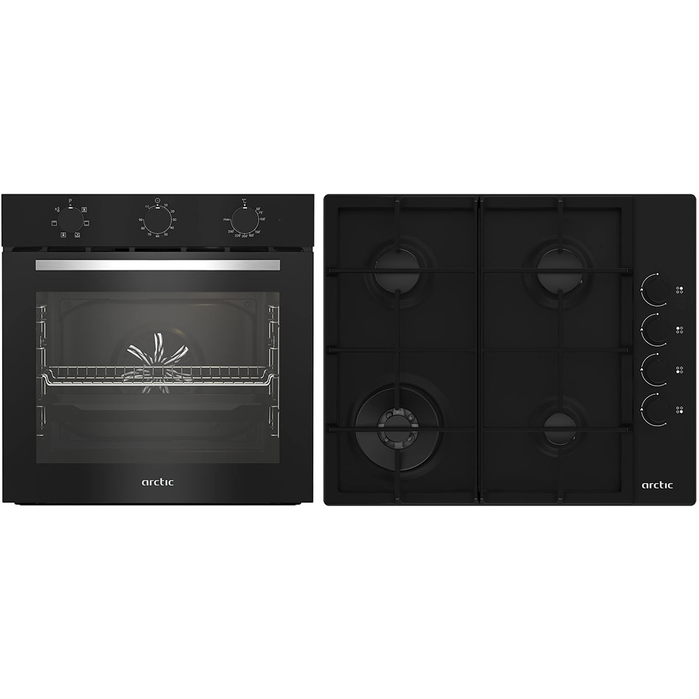 Set cuptor incorporabil ARCTIC ARSE11130BD, Electric, Autocuratare Aqua Drop Clean, 72 l, Clasa A + Plita incorporabila, Gaz, 4 arzatoare, Wok, negru