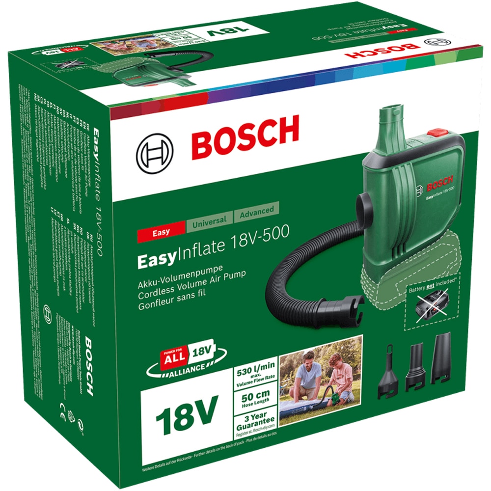 Pompa de aer BOSCH EasyInflate 18V-500, cu acumulator, 0.03 bari, 530 l/min, furtun 50 cm, verde