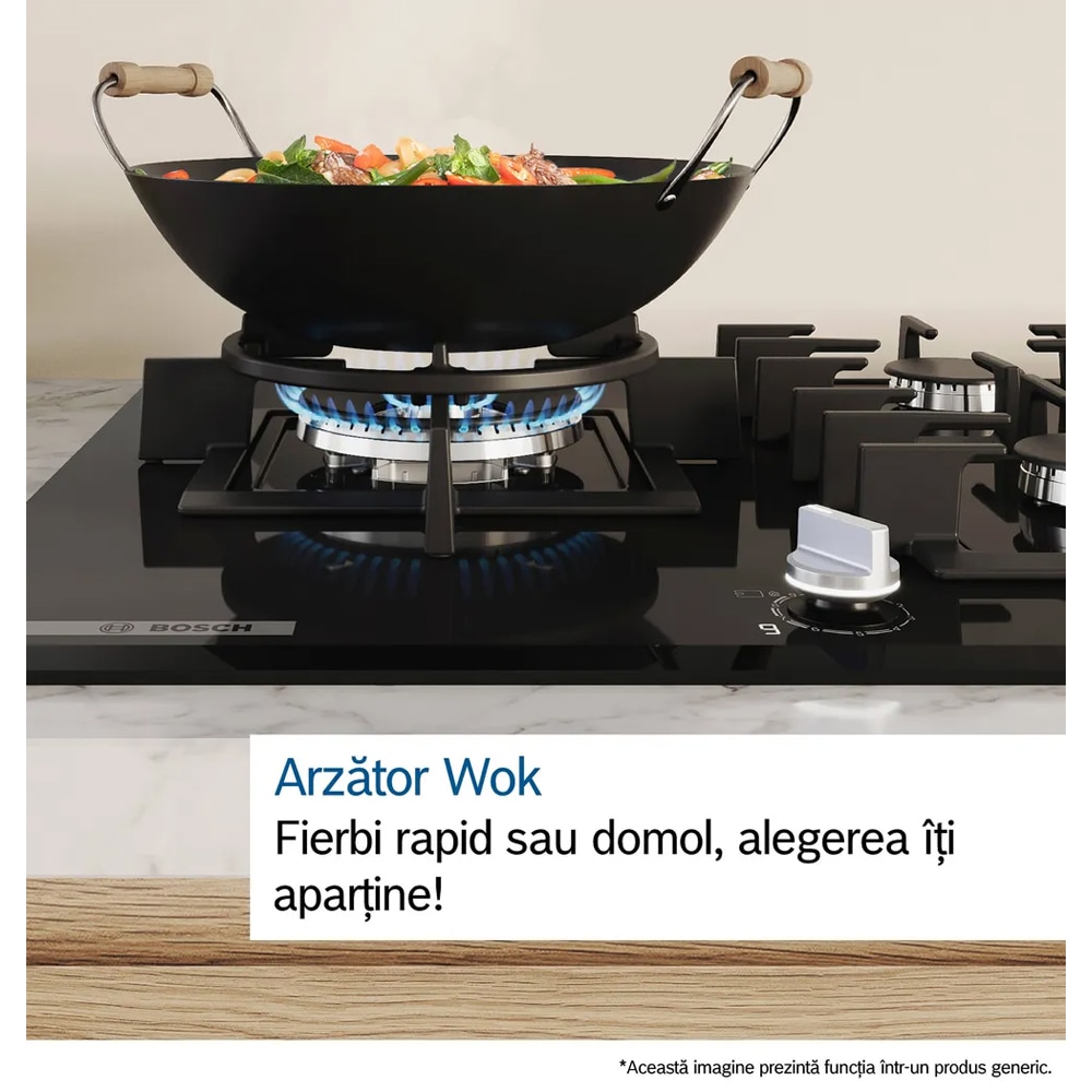 Plita incorporabila BOSCH PNK6B6K40, Gaz, 4 arzatoare, Wok, negru