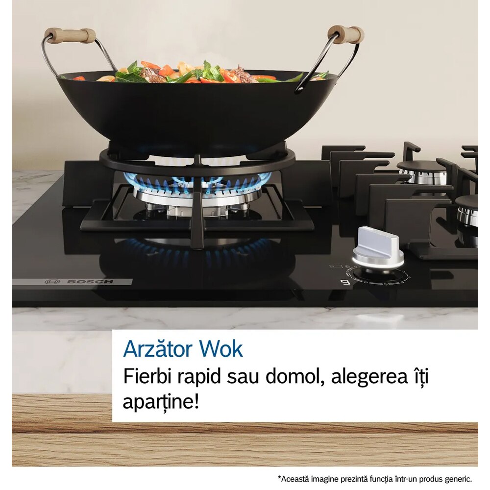 Plita incorporabila BOSCH PPM9A6I40, Gaz, 5 arzatoare, Wok, negru