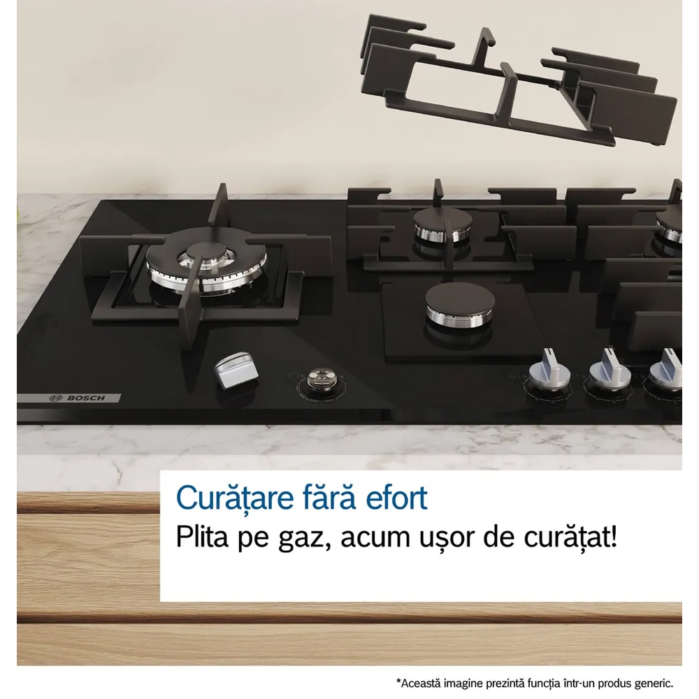 Plita incorporabila BOSCH PPQ7A6I40, Gaz, 5 arzatoare, Wok, negru