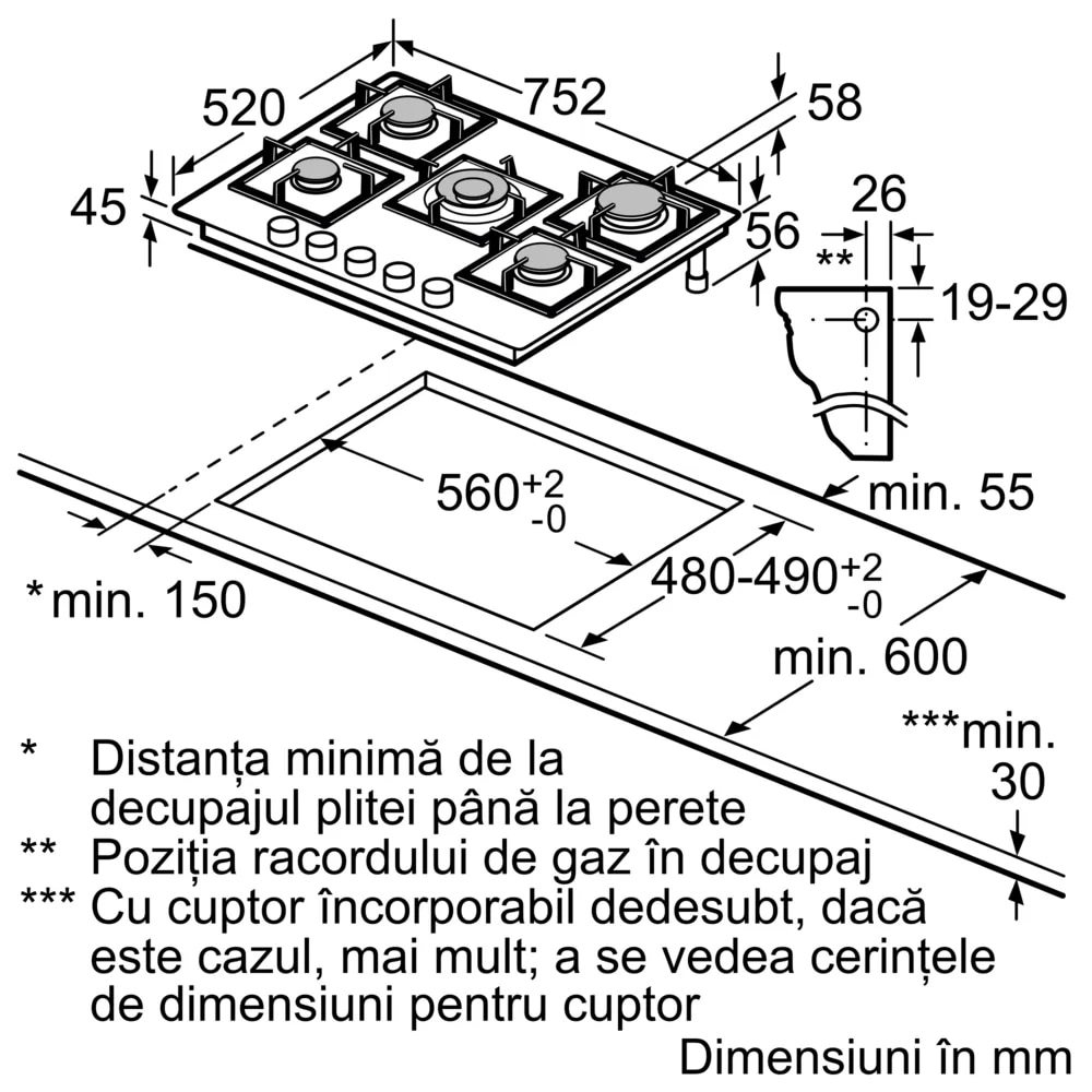 Plita incorporabila BOSCH PPQ7A6I40, Gaz, 5 arzatoare, Wok, negru