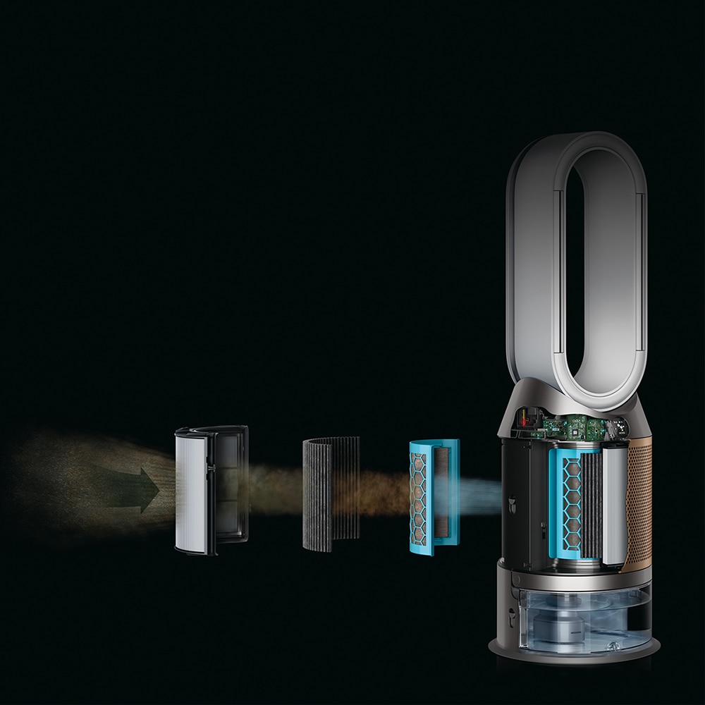 Purificator aer DYSON Pure Humidify Formaldehida PH04, 10 trepte viteza, Wi-Fi, Bluetooth, Hepa, Umidificare, Telecomanda, alb-auriu