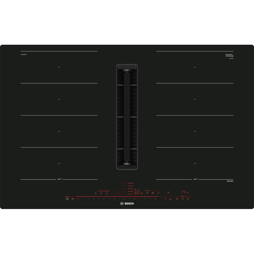 Plita incorporabila cu hota integrata BOSCH PXX801D67E, Inductie, 4 arzatoare, Touch control, negru