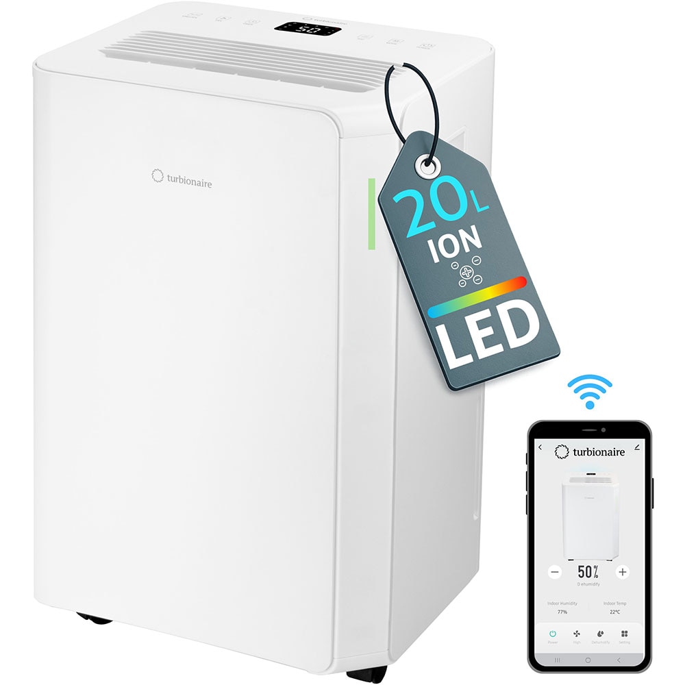 Dezumidificator aer Turbionaire REVI 20 WIFI ION, 20l/zi, 330W, Wi-Fi, 41dB, purificare prin ionizare, alb