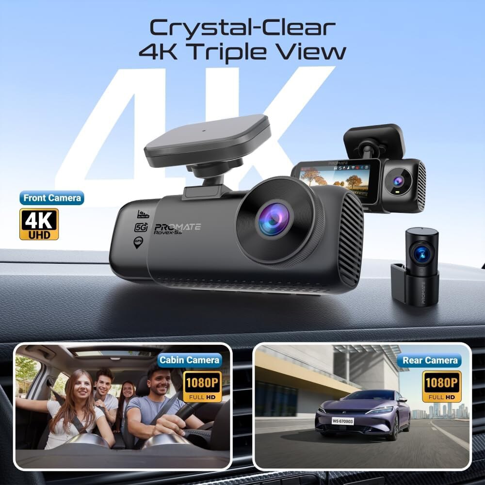 Camera auto tripla DVR PROMATE ROVEX-S3, GPS, 4K, G-Senzor, negru