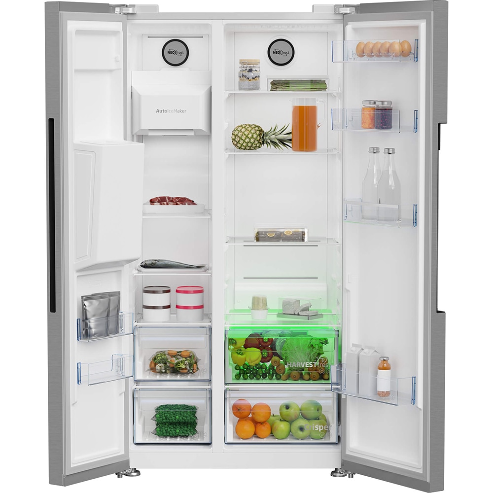 Side by Side BEKO GN162340XBN, No Frost, 578 l, H 179 cm, Clasa E, Dozator apa, argintiu