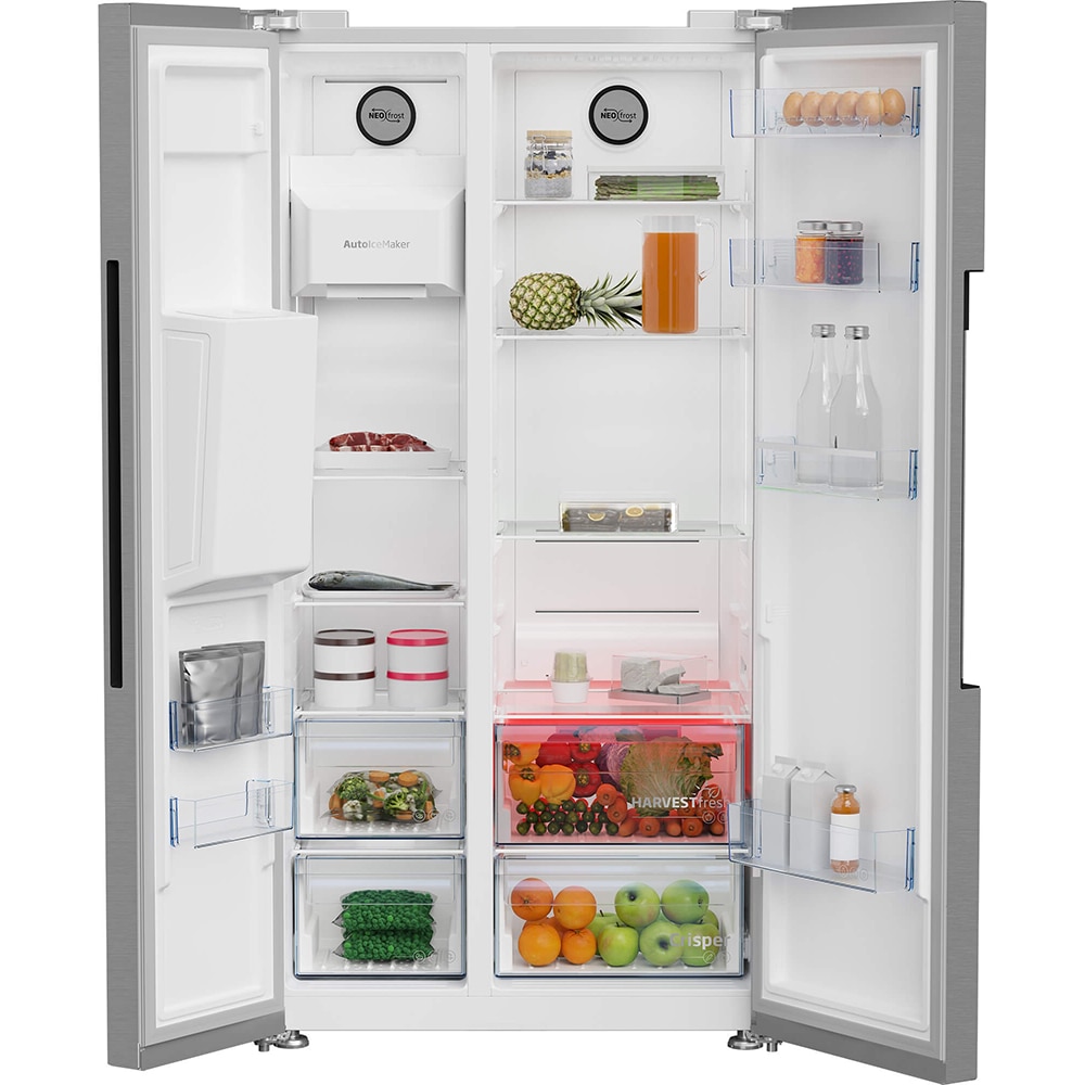 Side by Side BEKO GN162340XBN, No Frost, 578 l, H 179 cm, Clasa E, Dozator apa, argintiu