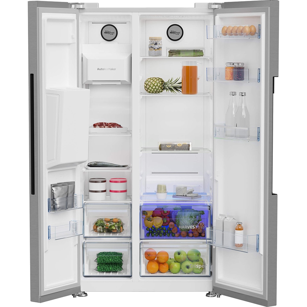 Side by Side BEKO GN162340XBN, No Frost, 578 l, H 179 cm, Clasa E, Dozator apa, argintiu