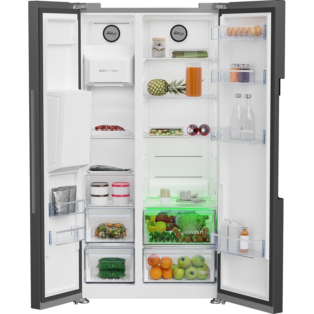 Side by Side BEKO GN162340XBRN, No Frost, 571 l, H 179 cm, Clasa E, Dozator apa, dark inox