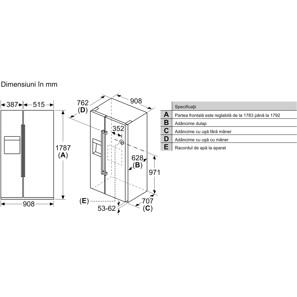 Side by Side BOSCH KAD93ABEP, No Frost, 562 l, H 179 cm, Clasa E, Dozator apa, negru