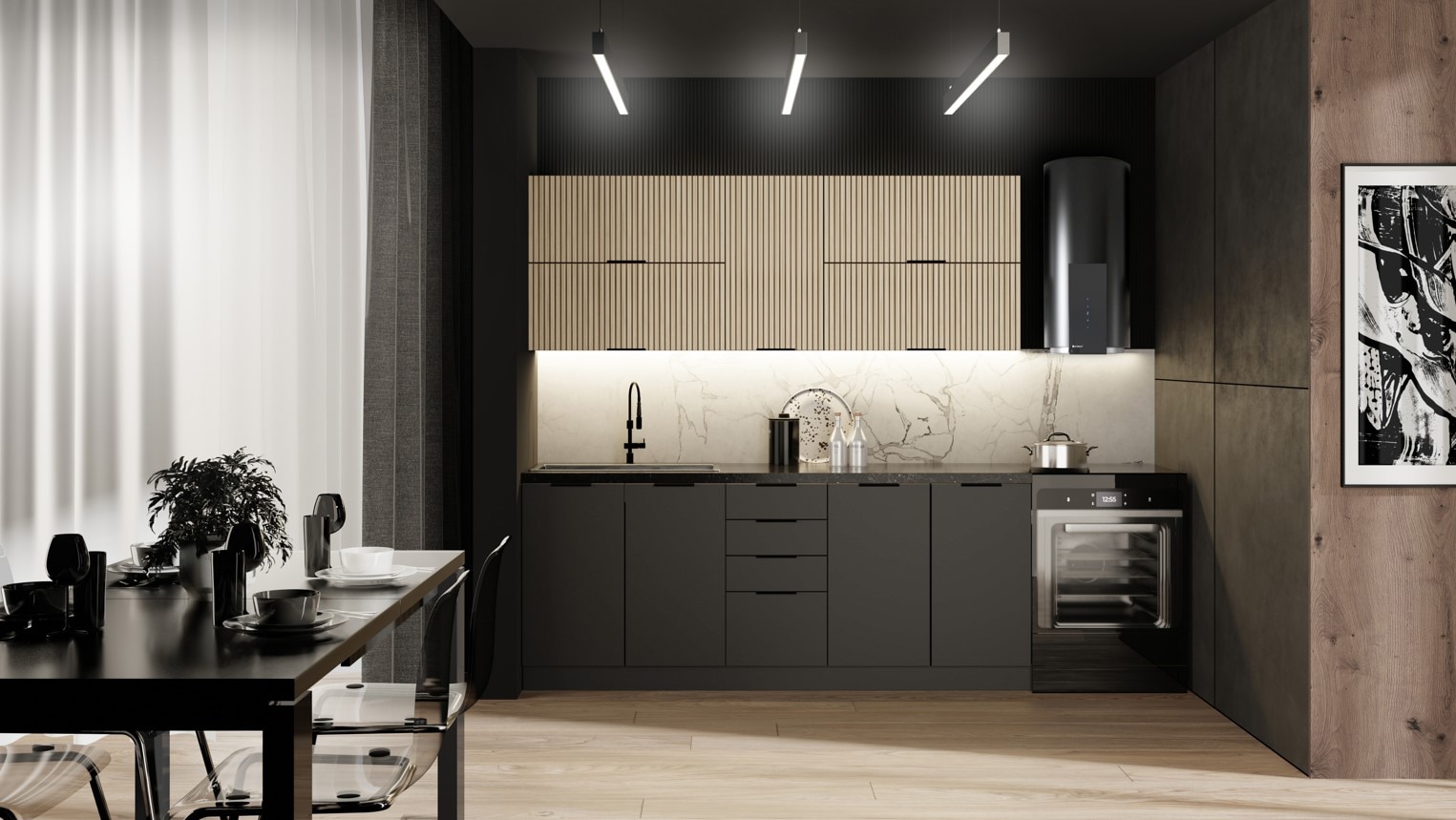 Mobila bucatarie Como III, 7 piese, 200 x 55 x 217 cm, negrustejar