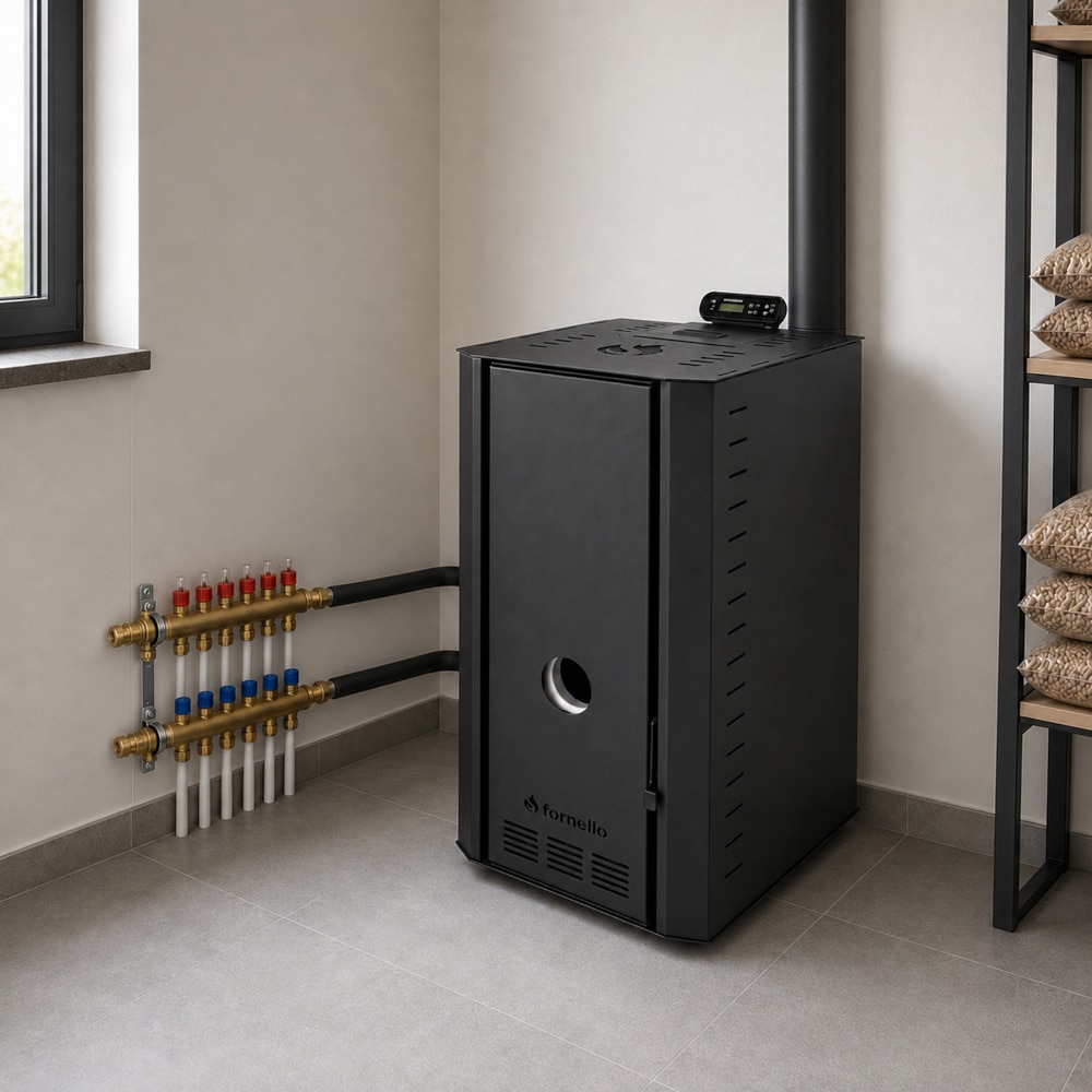 Cazan pe peleti FORNELLO Serena B, 25 kW, 55 x 68 x 102 cm, pompa de circulatie, vas expansiune, telecomanda, Wi-Fi, negru
