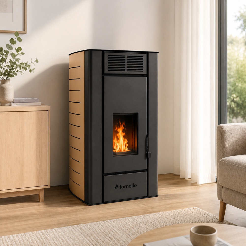 Termosemineu pe peleti FORNELLO Serena, 25 kW, 55 x 68 x 102 cm,, telecomanda, Wi-Fi, negru-crem