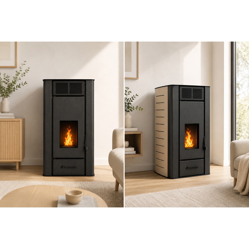 Termosemineu pe peleti FORNELLO Serena, 25 kW, 55 x 68 x 102 cm,, telecomanda, Wi-Fi, negru-crem