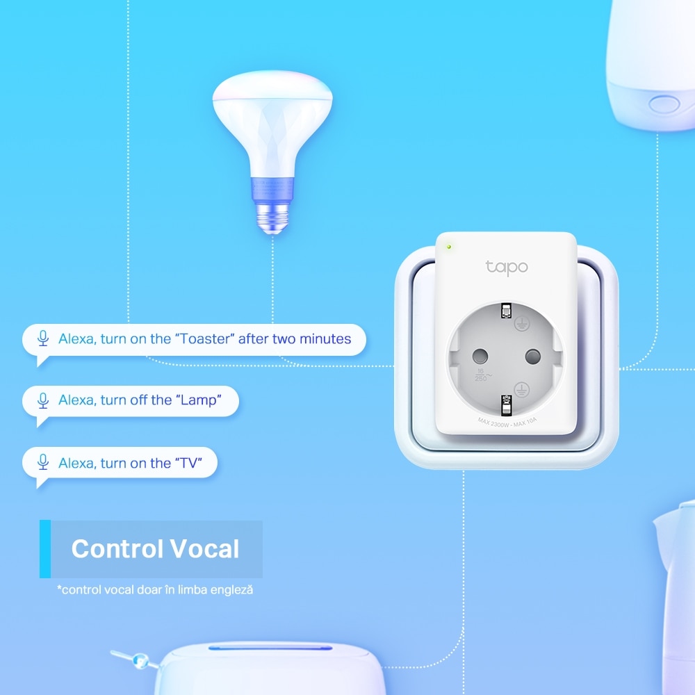 Priza inteligenta TP-LINK Tapo P100, Wi-Fi, 2300W, 10A, alb