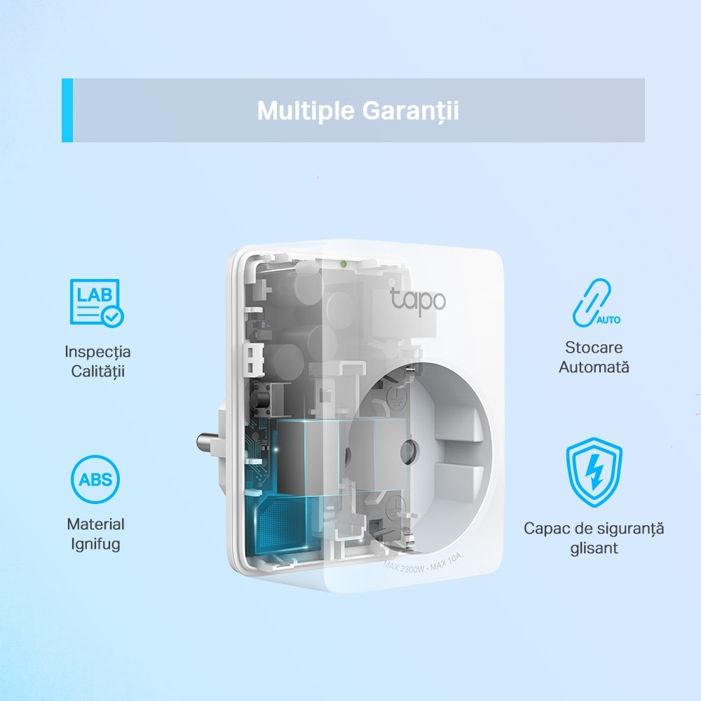 Priza inteligenta TP-LINK Tapo P100, Wi-Fi, 2300W, 10A, alb