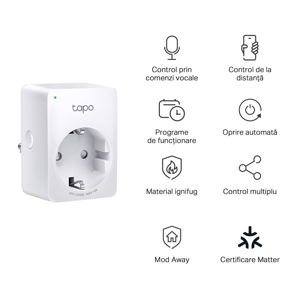 Priza inteligenta TP-LINK Mini TAPO P100M, Wi-Fi, 2300W, 10A, alb