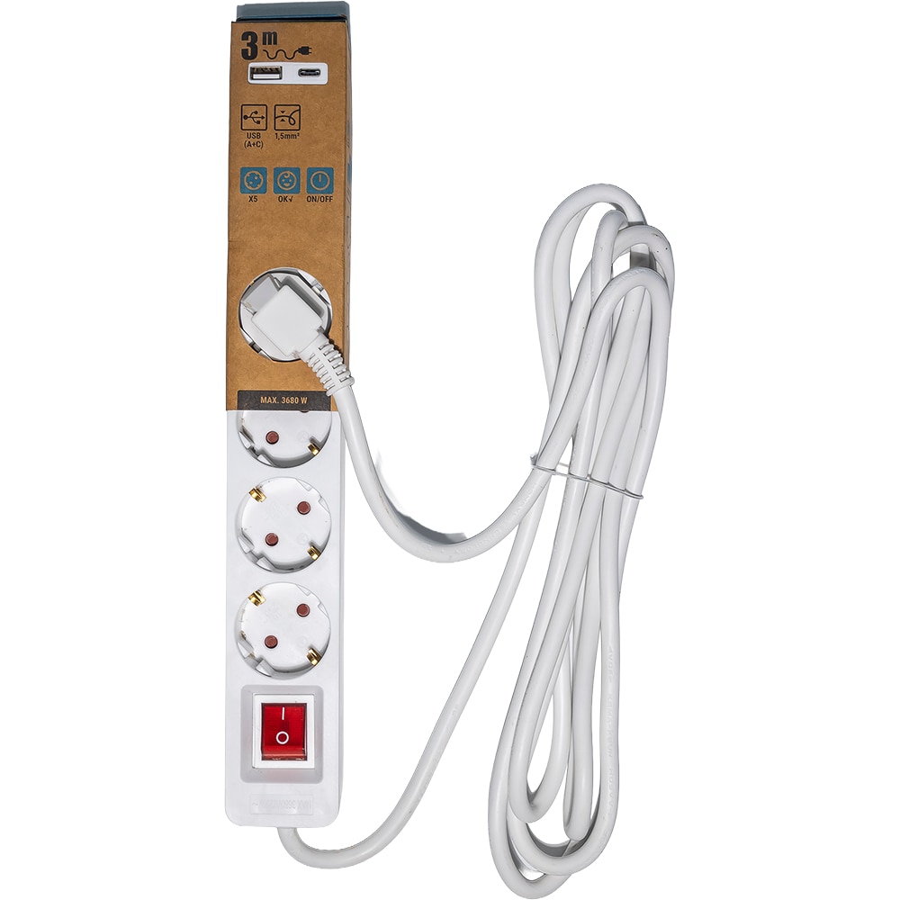 Prelungitor STROHM, 5 prize, 3m, alb