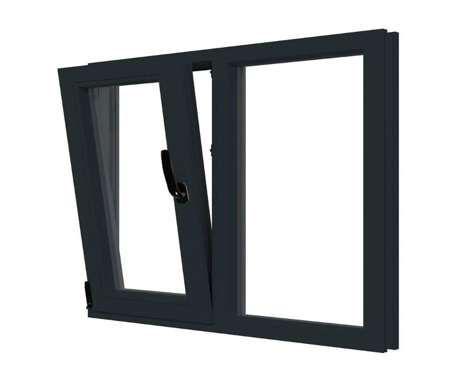 Fereastra termopan PVC, geam Float + Low-E, gri, 6 camere, 136 x 116 cm, stanga, dubla deschidere, fixa + oscilobatanta Aplast