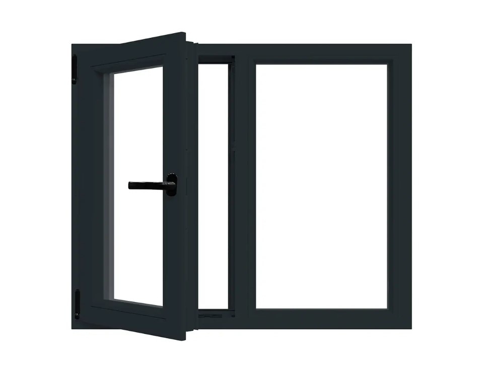 Fereastra termopan PVC, geam Float + Low-E, gri, 6 camere, 136 x 116 cm, stanga, dubla deschidere, fixa + oscilobatanta Aplast