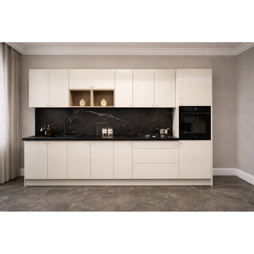 Mobila bucatarie Stevia, PAL, 330 x 60 x 216 cm, crem lucios