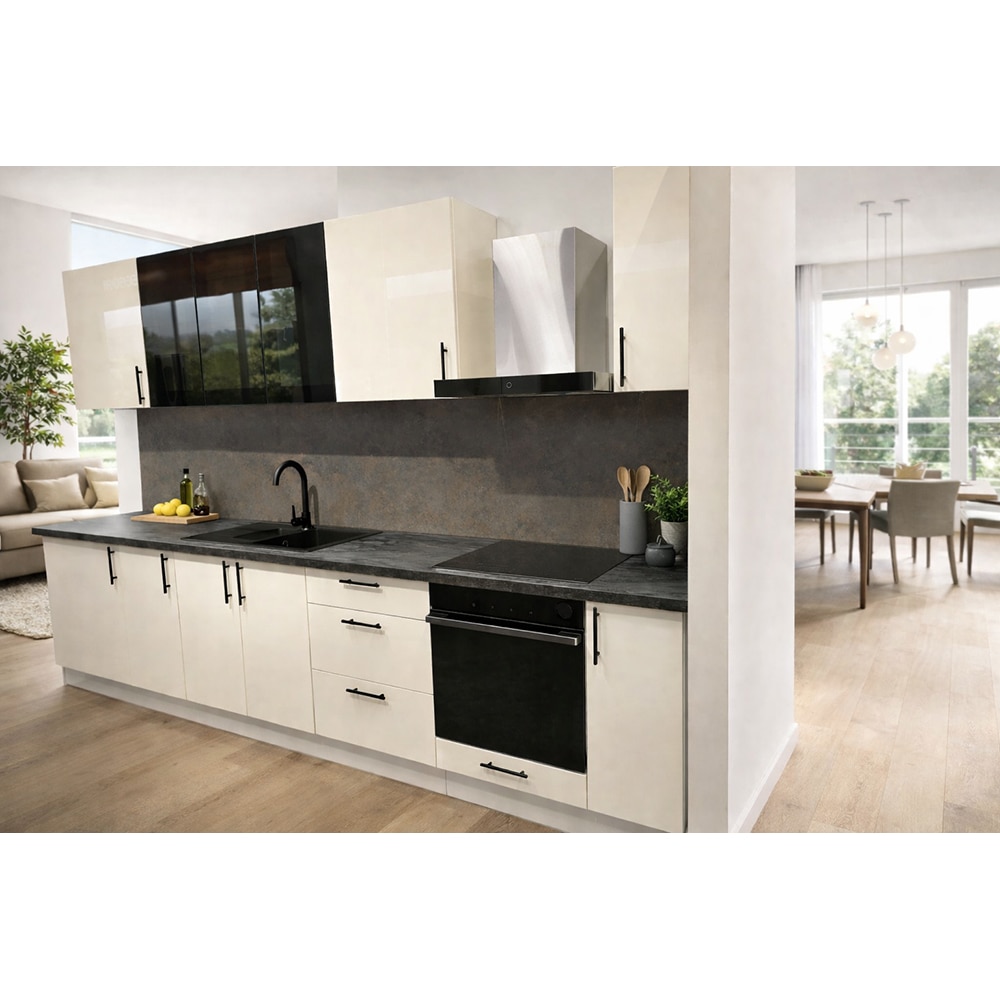 Mobila bucatarie Stevia-Winterana, PAL, 380 x 60 x 216 cm, crem lucios-negru