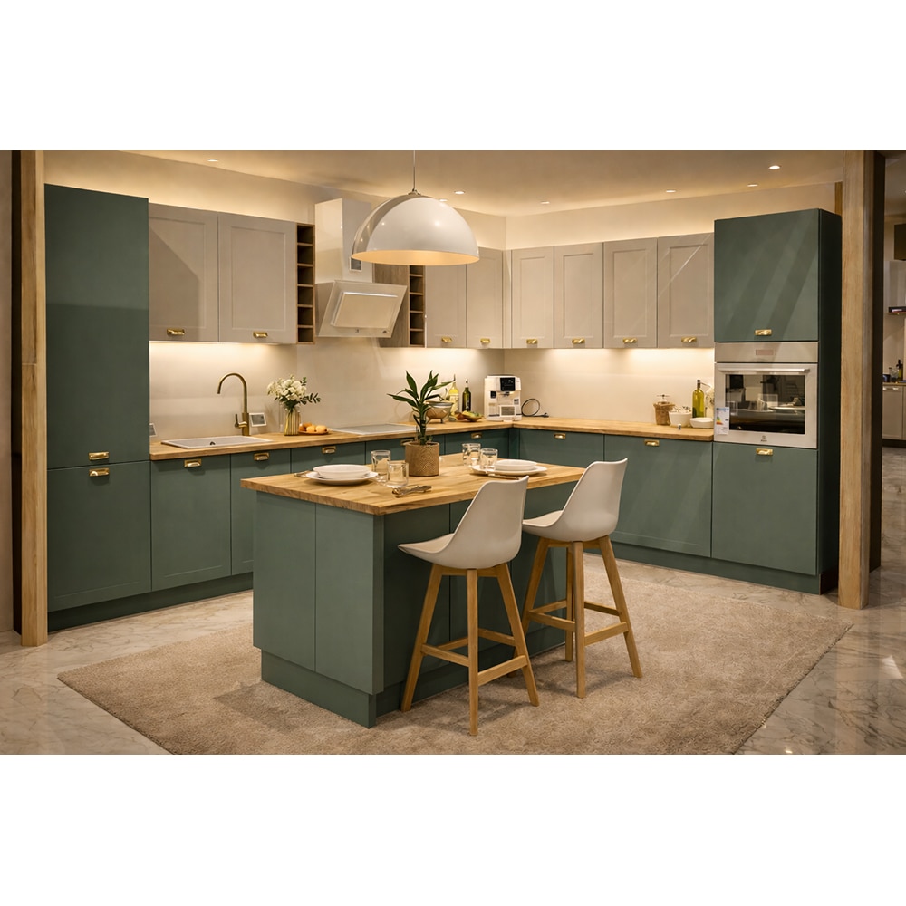 Mobila bucatarie Stevia-Artemisia, PAL, 387/255 x 60 x 216 cm, verde-alb