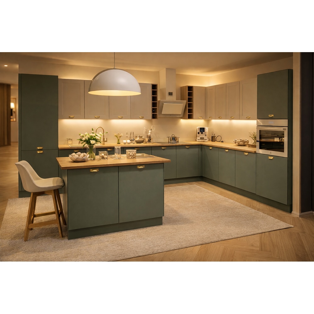 Mobila bucatarie Stevia-Artemisia, PAL, 387/255 x 60 x 216 cm, verde-alb