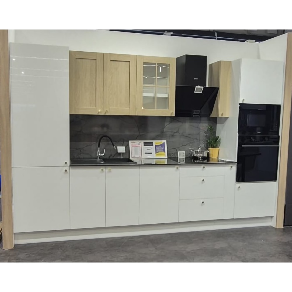 Mobila bucatarie Stevia-Alpinia, PAL, 385 x 60 x 216 cm, alb lucios-stejar