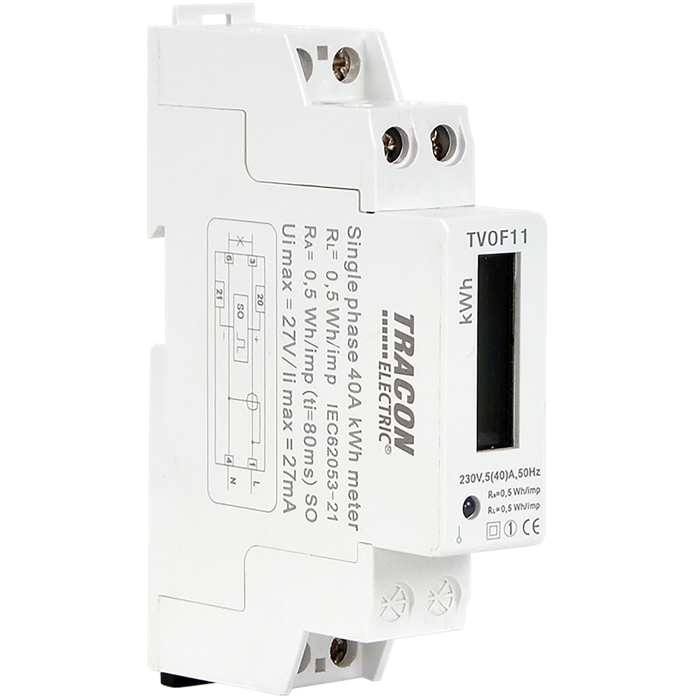 Contor electric monofazat TRACON TC01833, sina DIN, 40A, IP20, alb