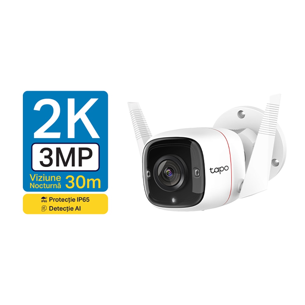 Camera IP Wireless exterior TP-LINK Tapo TC65, 3MP, SFHD 1296p, IR, Night Vision, alb