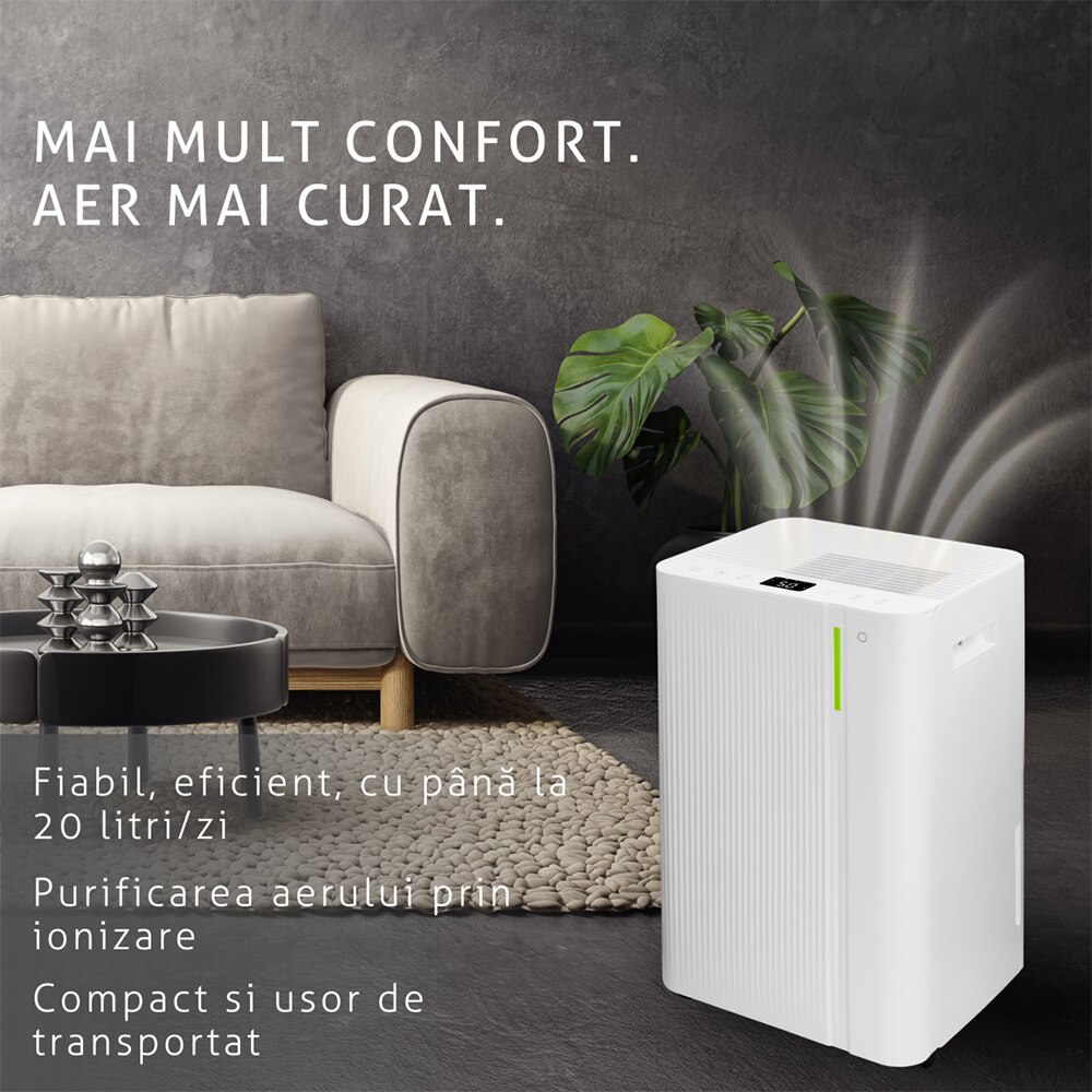 Dezumidificator TURBIONAIRE LEVI 20 ION, 20 l/zi, 280W, rezervor 4.5l, Ionizare, alb
