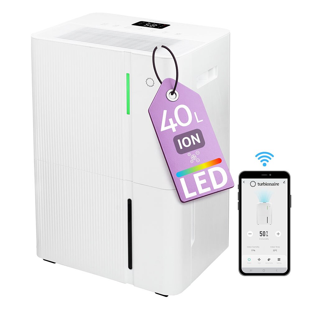 Dezumidificator TURBIONAIRE LEVI 40 ION, 40 l/zi, 610W, Wi-Fi, Ionizare, rezervor 5.3l, alb