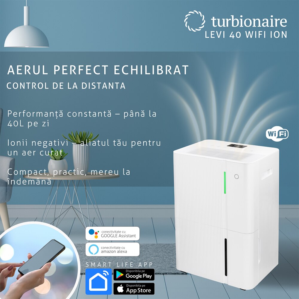 Dezumidificator TURBIONAIRE LEVI 40 ION, 40 l/zi, 610W, Wi-Fi, Ionizare, rezervor 5.3l, alb